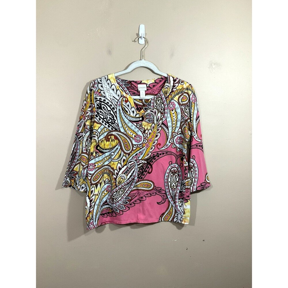 Chicos Womens Boho Paisley Print Shirt Size 1 (M/8) Pink Flowers Coastal Hippie
